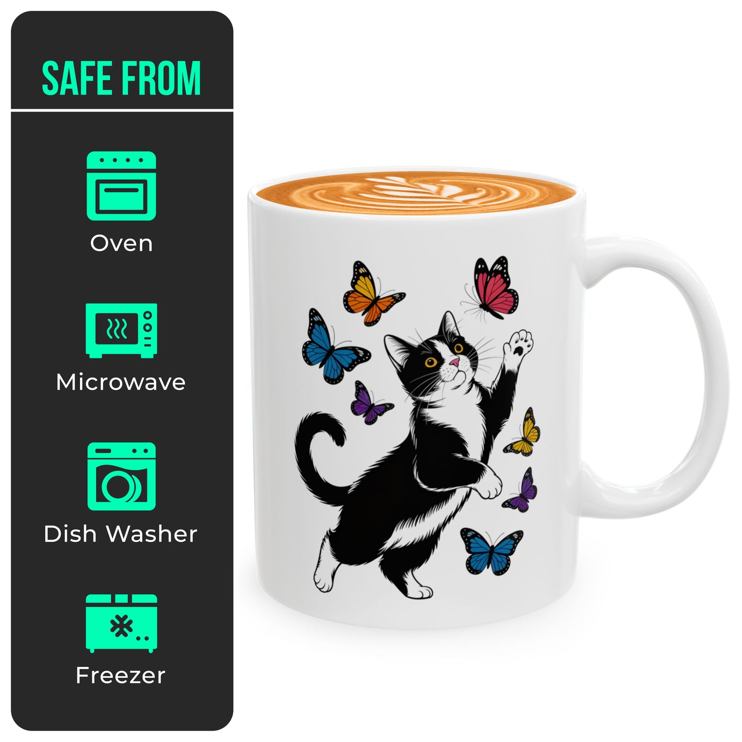 Butterfly with Tuxedo Cat Mug – Adorable Cat Lover Coffee Cup in White and Black – 11oz Ceramic Gift Mug