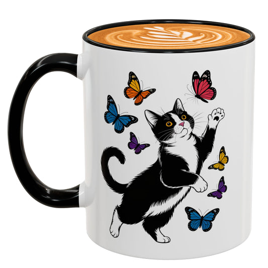 Butterfly and Tuxedo Cat Coffee Mug – Cute Cat Lover Coffee Cup with Black Accent – 11oz Ceramic Mug Gift