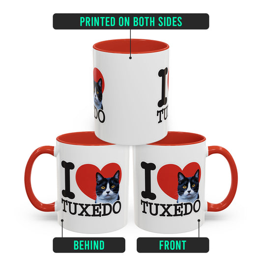 Red Accent I Love Tuxedo Cat Mug – Cute Tuxedo Cat Lover Coffee Cup with Red Accent – Lovely Gift for Girlfriend and Cat Lovers