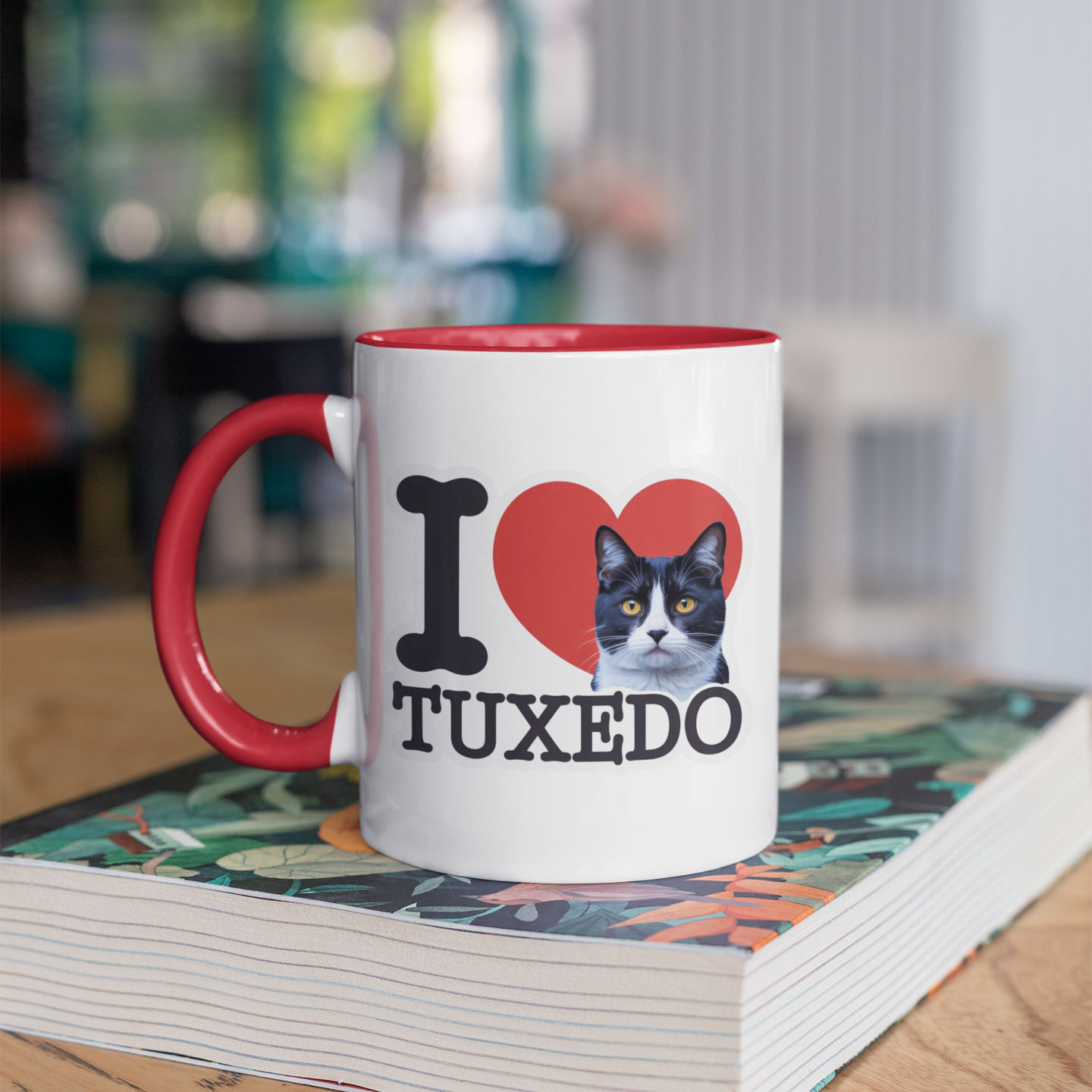 Red Accent I Love Tuxedo Cat Mug – Cute Tuxedo Cat Lover Coffee Cup with Red Accent – Lovely Gift for Girlfriend and Cat Lovers