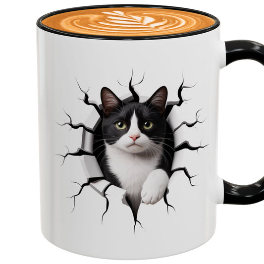 Tuxedo Cat Coffee Mug – Black Accent Cat Themed Ceramic Mug (11oz) – Funny Tuxedo Cat Lover Gift for Women and Men