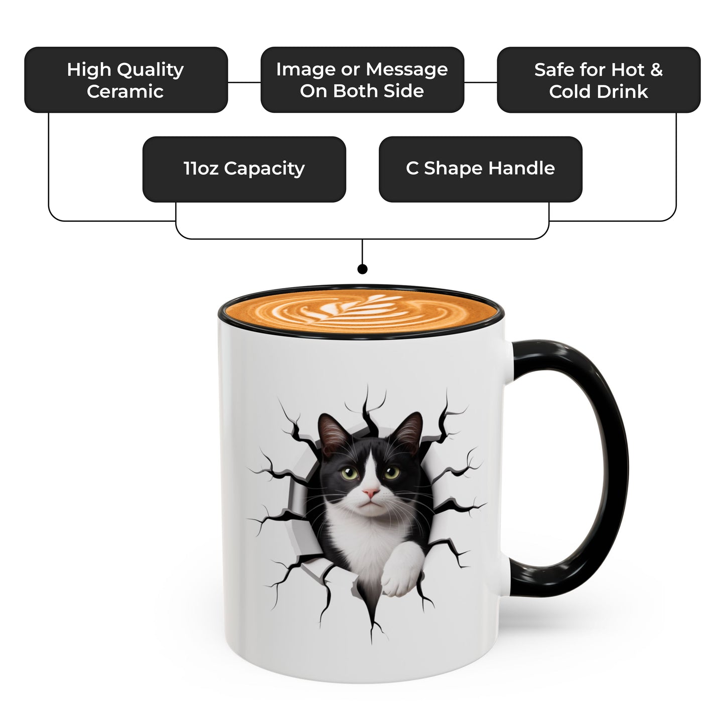 Tuxedo Cat Coffee Mug – Black Accent Cat Themed Ceramic Mug (11oz) – Funny Tuxedo Cat Lover Gift for Women and Men