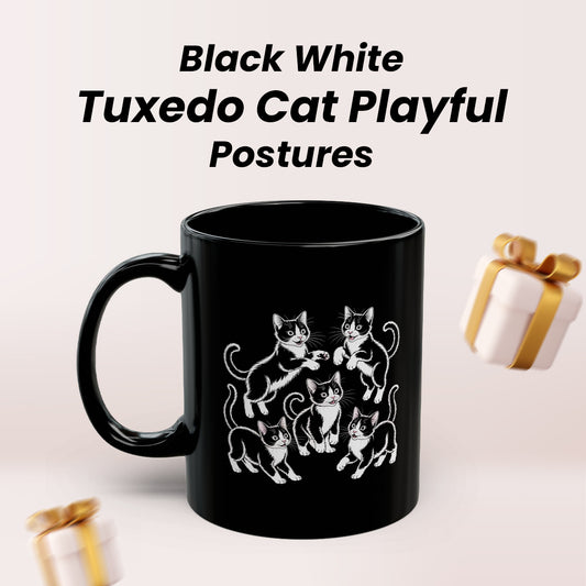 Tuxedo Cat Mug – Black White Tuxedo Cat Playful Postures – Mug for Cat Lover Women, Men, Friends, and Coworkers