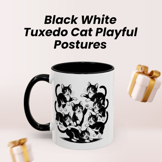 Funny Tuxedo Cat Mug – Black White Tuxedo Cat Playful Postures – Ideal Cat Lover Coffee Mug for Friends, Wife, or Husband