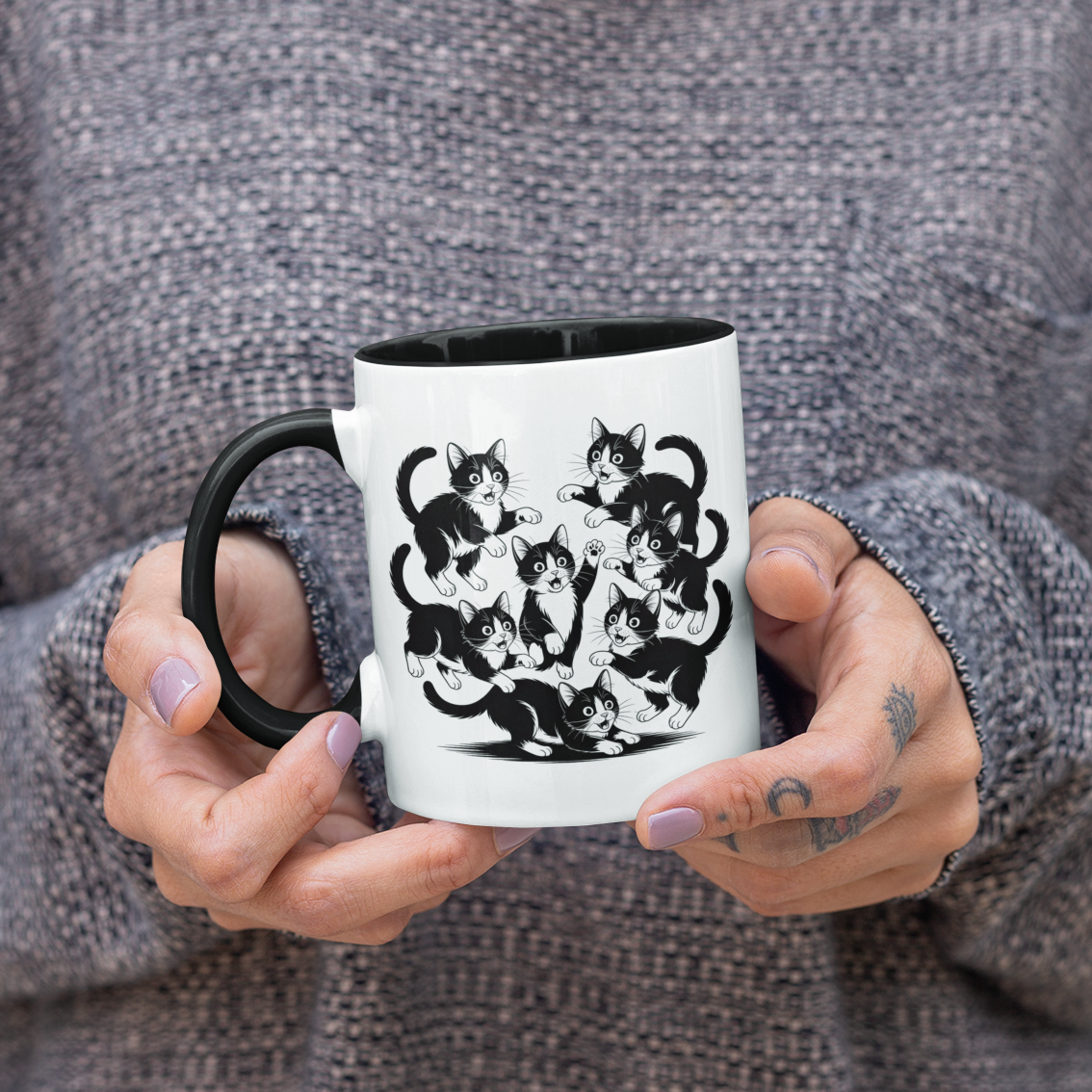 Funny Tuxedo Cat Mug – Black White Tuxedo Cat Playful Postures – Ideal Cat Lover Coffee Mug for Friends, Wife, or Husband