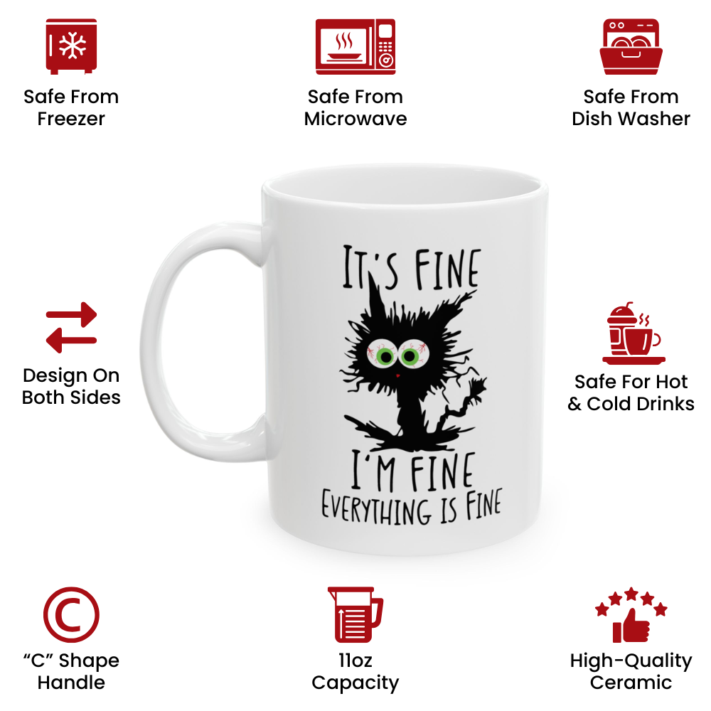 It’s Fine I’m Fine Everything Is Fine Mug – Cute Black Cat Coffee Cup