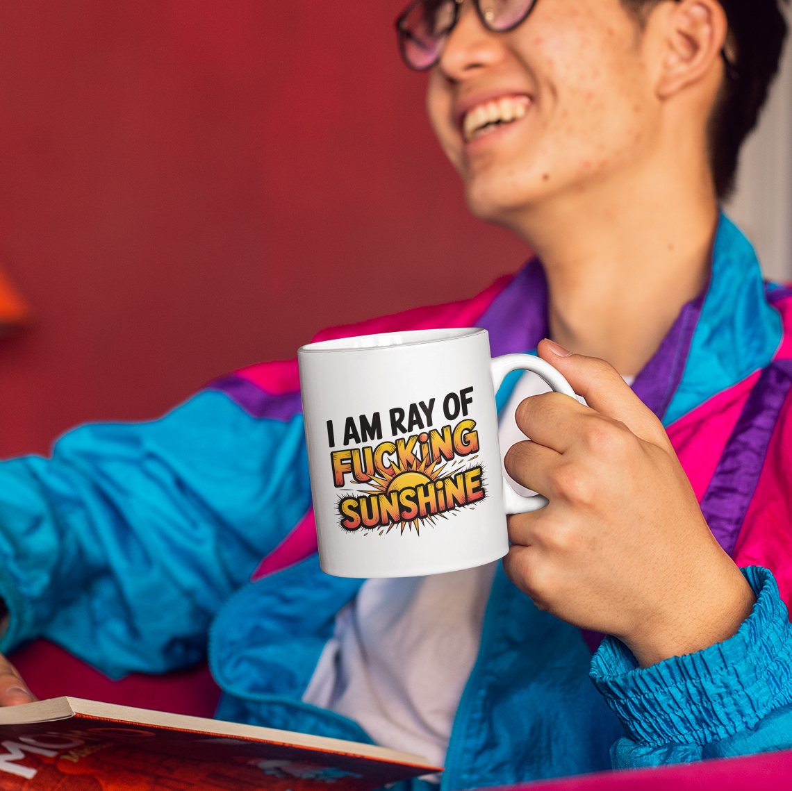 Rude Humor Coffee Cup – “I Am a Ray of Fing Sunshine” Funny Mug for Adults
