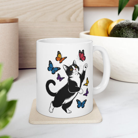 Butterfly with Tuxedo Cat Mug – Adorable Cat Lover Coffee Cup in White and Black – 11oz Ceramic Gift Mug