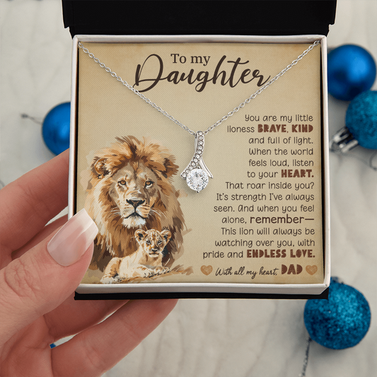 To My Daughter Necklace from Dad – Lion Pendant with 7mm Cubic Zirconia