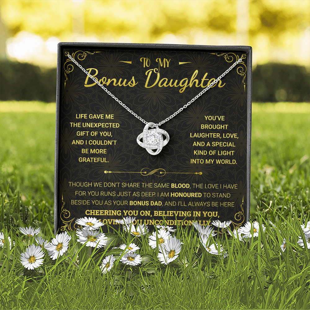 To My Bonus Daughter Necklace – 14k White Gold Love Knot Pendant from Dad