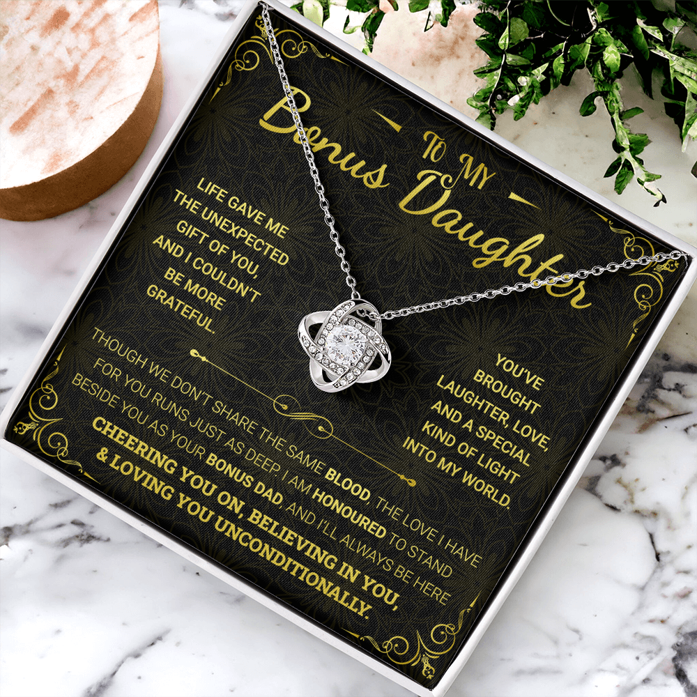 To My Bonus Daughter Necklace – 14k White Gold Love Knot Pendant from Dad