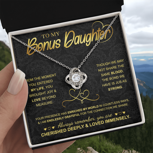 Love Knot Necklace for Bonus Daughter – 14k White Gold Sterling Silver Gift from Mom