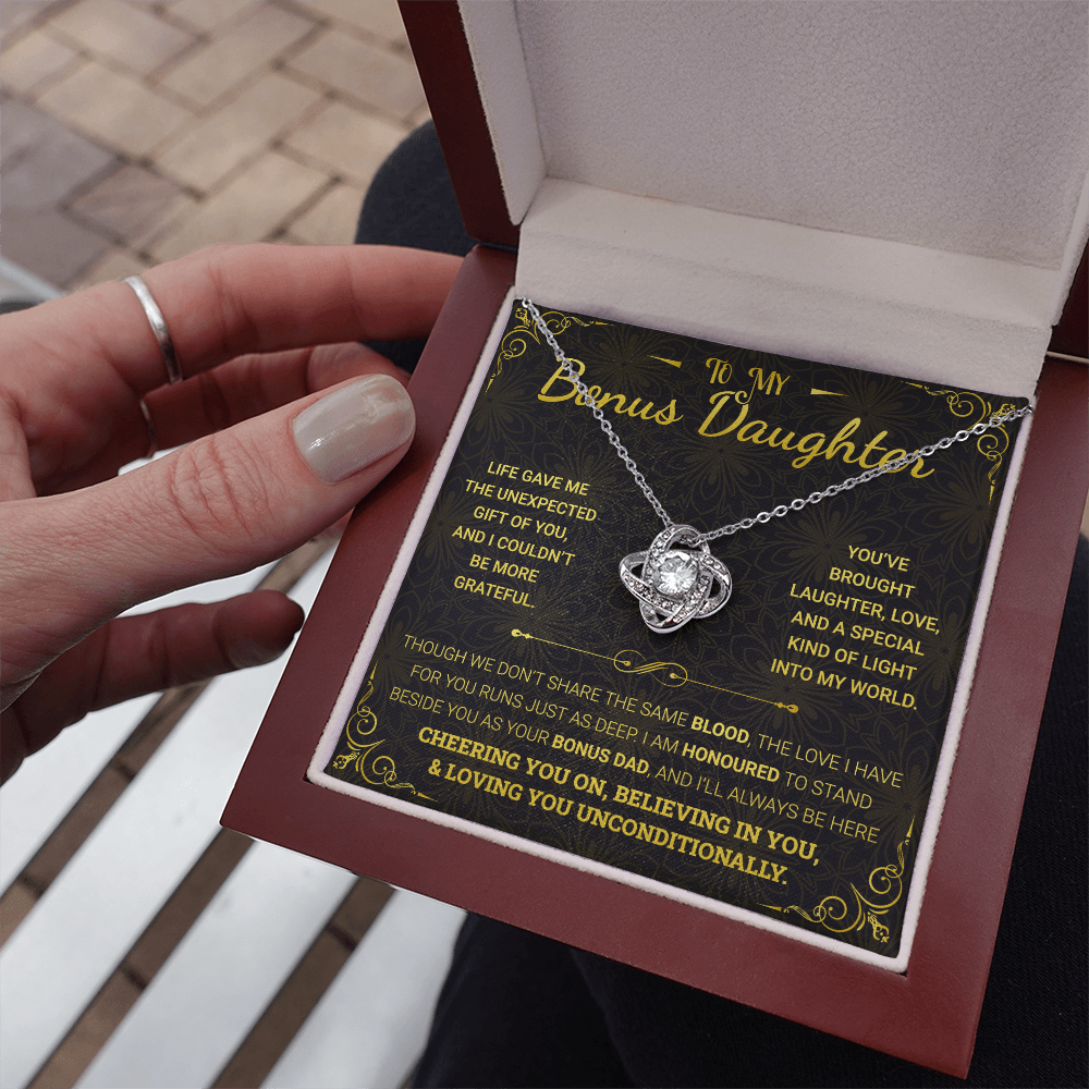 To My Bonus Daughter Necklace – 14k White Gold Love Knot Pendant from Dad