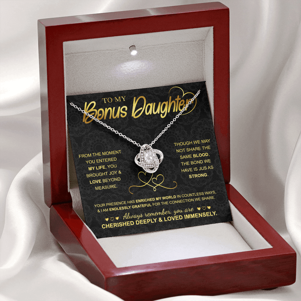 Love Knot Necklace for Bonus Daughter – 14k White Gold Sterling Silver Gift from Mom