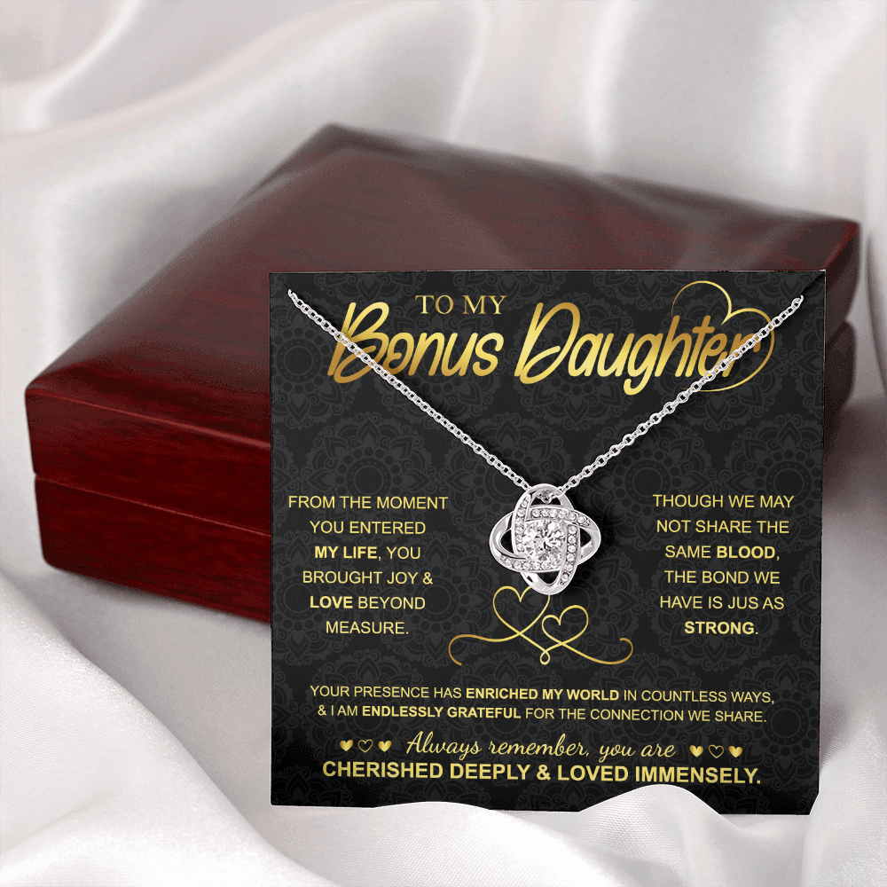 Love Knot Necklace for Bonus Daughter – 14k White Gold Sterling Silver Gift from Mom