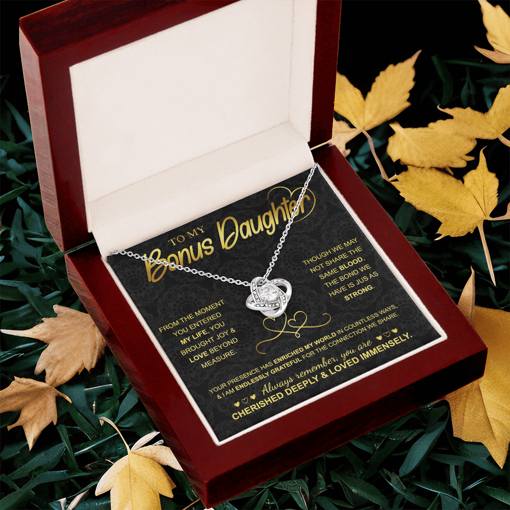 Love Knot Necklace for Bonus Daughter – 14k White Gold Sterling Silver Gift from Mom