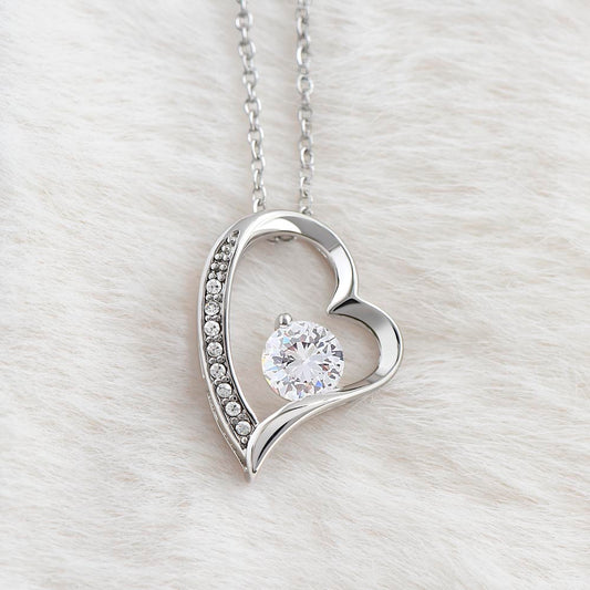 “Never Forget I Love You” Heart Necklace –14k White Gold Gift for Daughter