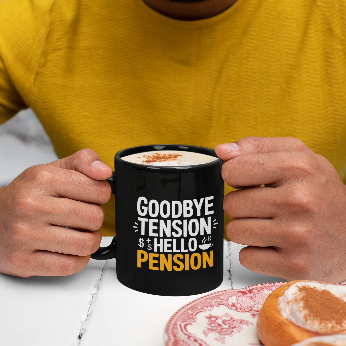 Goodbye Tension Hello Pension Mug – Funny Retirement Coffee Cup Gift for Men & Women
