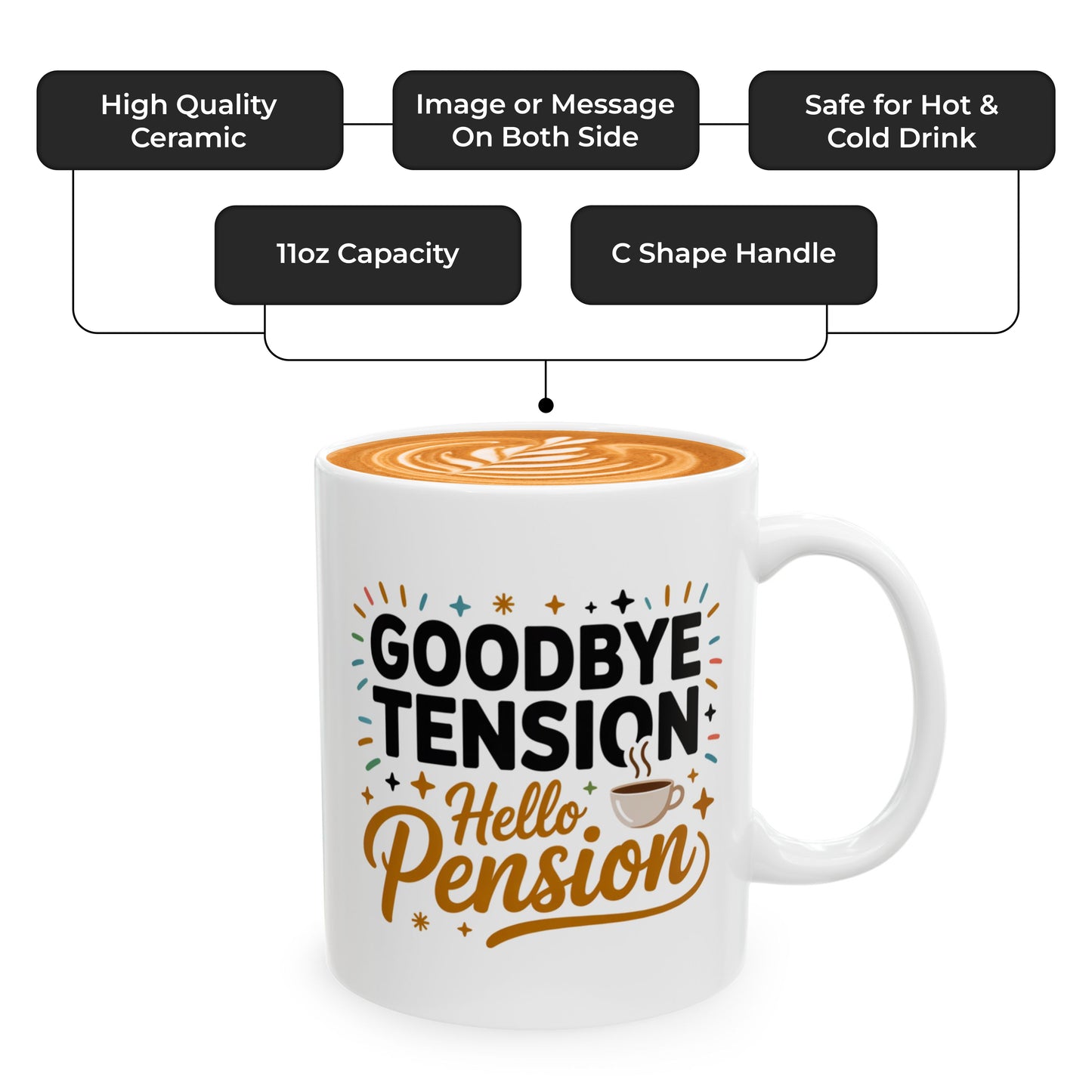 Funny Retirement Mug – Goodbye Tension Hello Pension – Gift for Men & Women Retiring