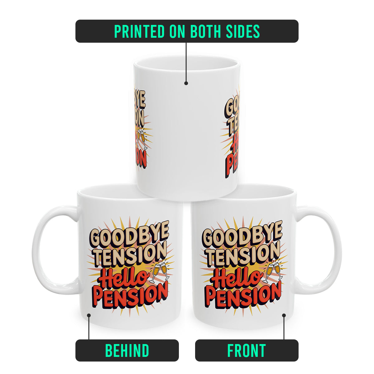 Goodbye Tension Hello Pension – Ceramic Coffee Mug for Retired Mom, Dad, Grandpa, Grandma