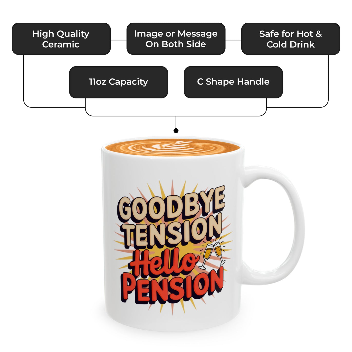 Goodbye Tension Hello Pension – Ceramic Coffee Mug for Retired Mom, Dad, Grandpa, Grandma
