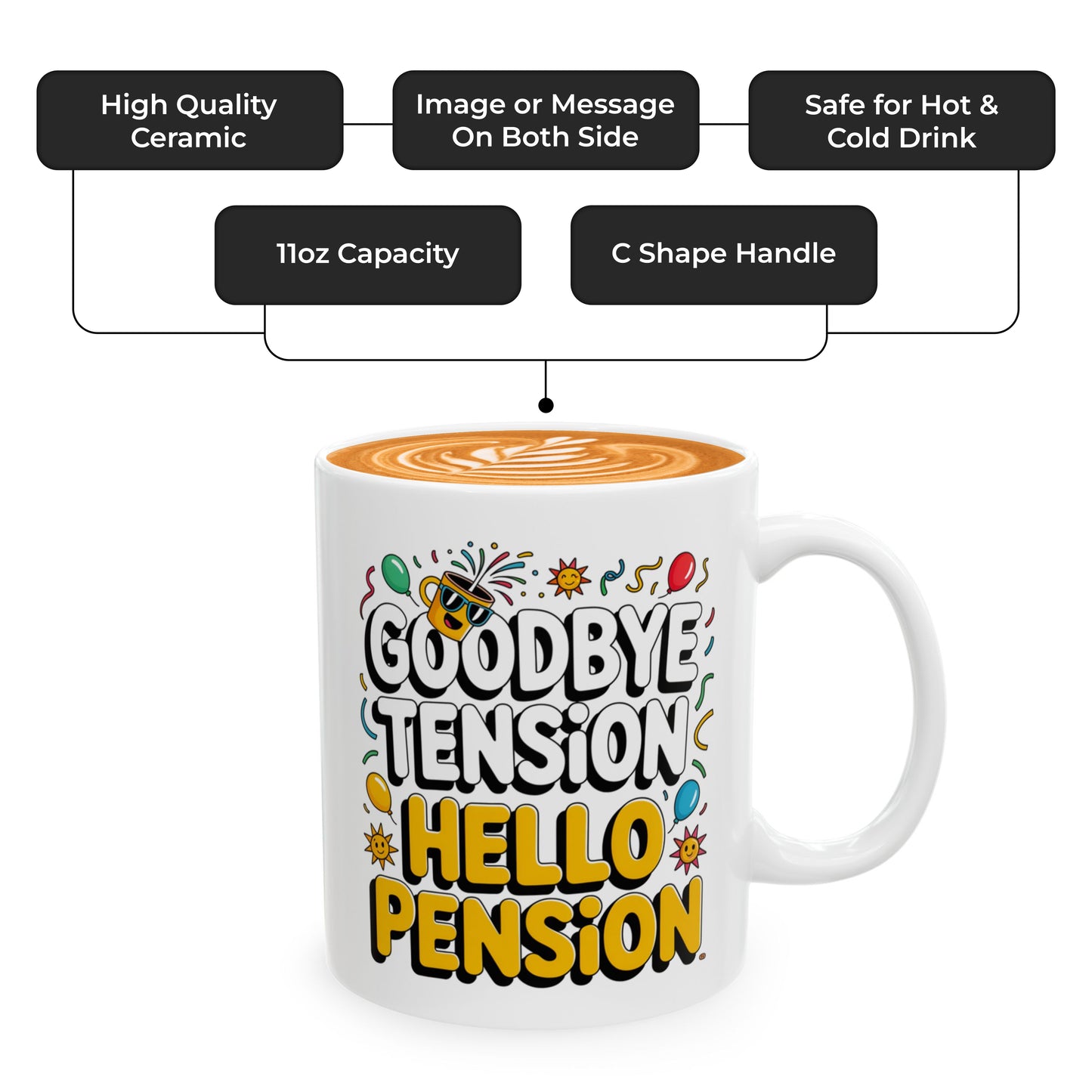 Retirement Coffee Cup – Goodbye Tension Hello Pension – Perfect Gift for Teacher, Police, Friend