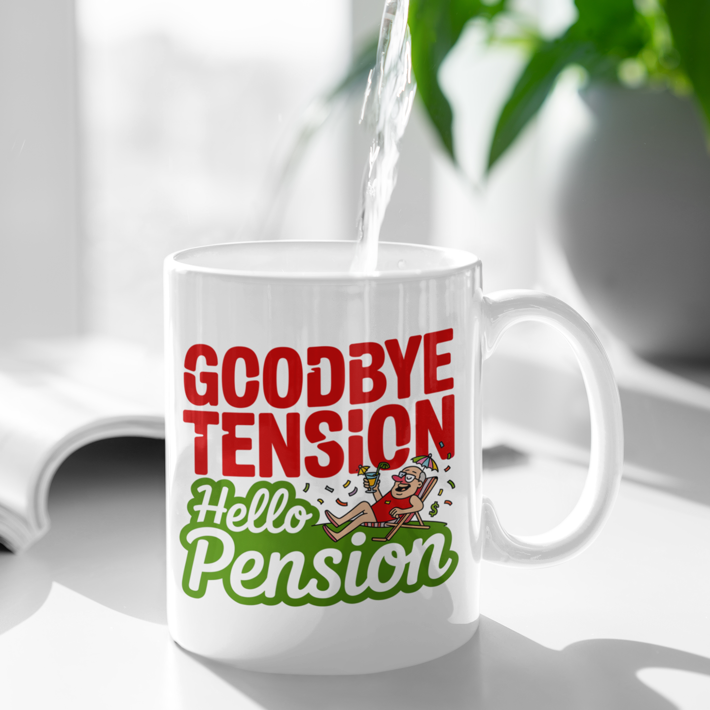 Funny Goodbye Tension Hello Pension Mug – Retirement Present for Him or Her