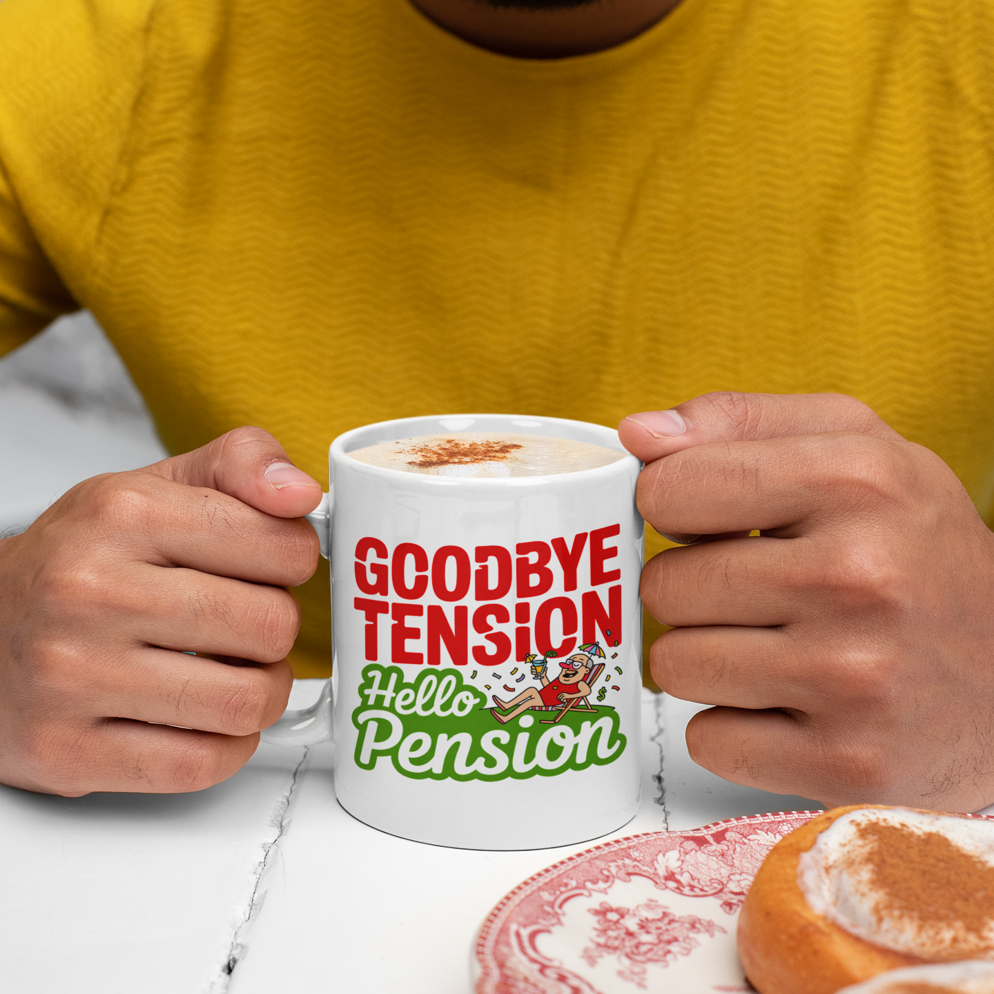 Funny Goodbye Tension Hello Pension Mug – Retirement Present for Him or Her