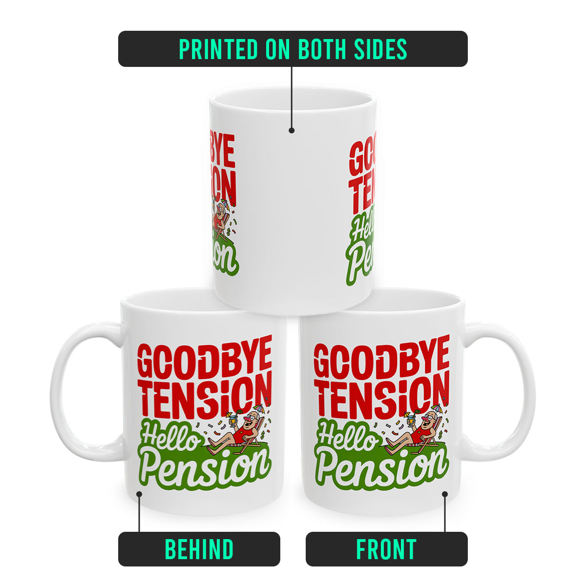 Funny Goodbye Tension Hello Pension Mug – Retirement Present for Him or Her