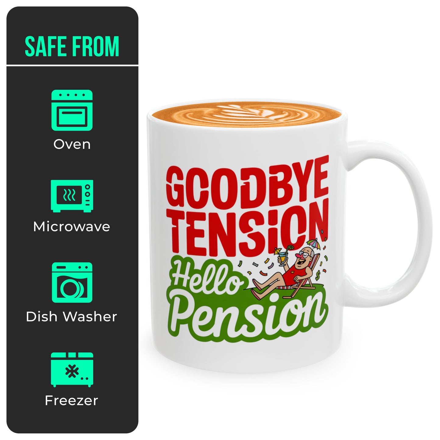 Funny Goodbye Tension Hello Pension Mug – Retirement Present for Him or Her