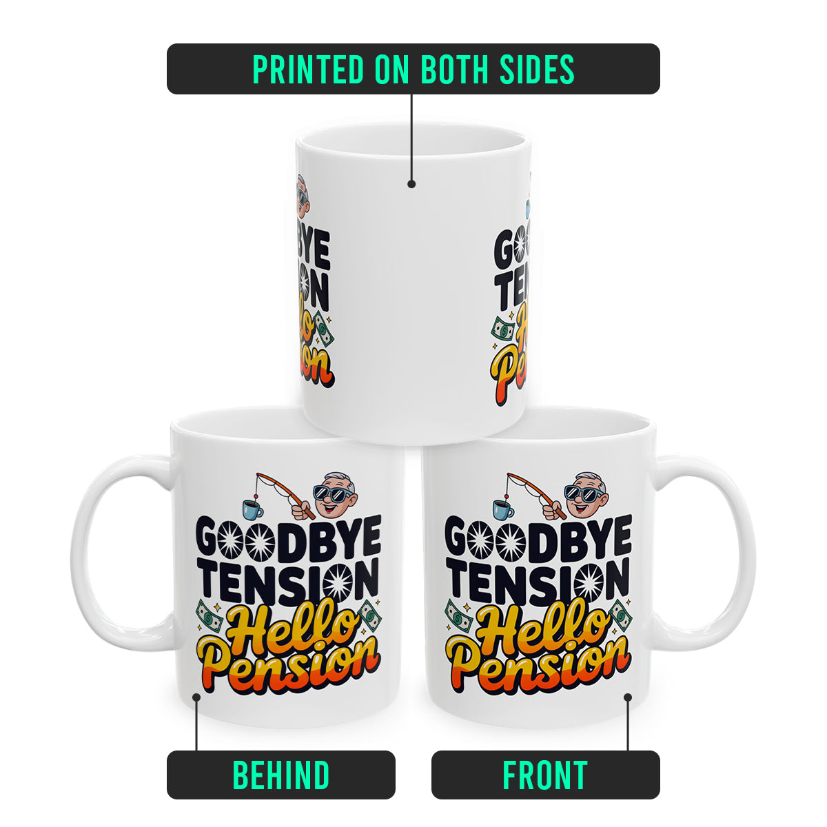 Goodbye Tension Hello Pension – Retirement Mug for Husband, Wife, Coworker, or Boss