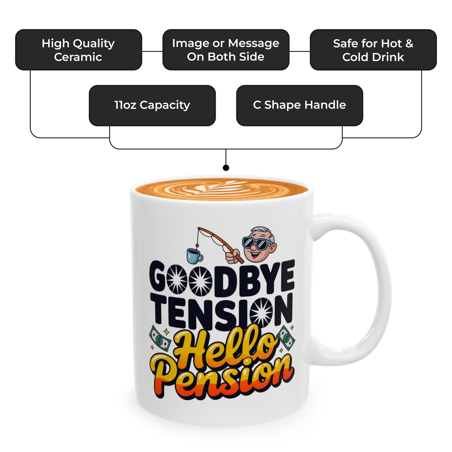Goodbye Tension Hello Pension – Retirement Mug for Husband, Wife, Coworker, or Boss