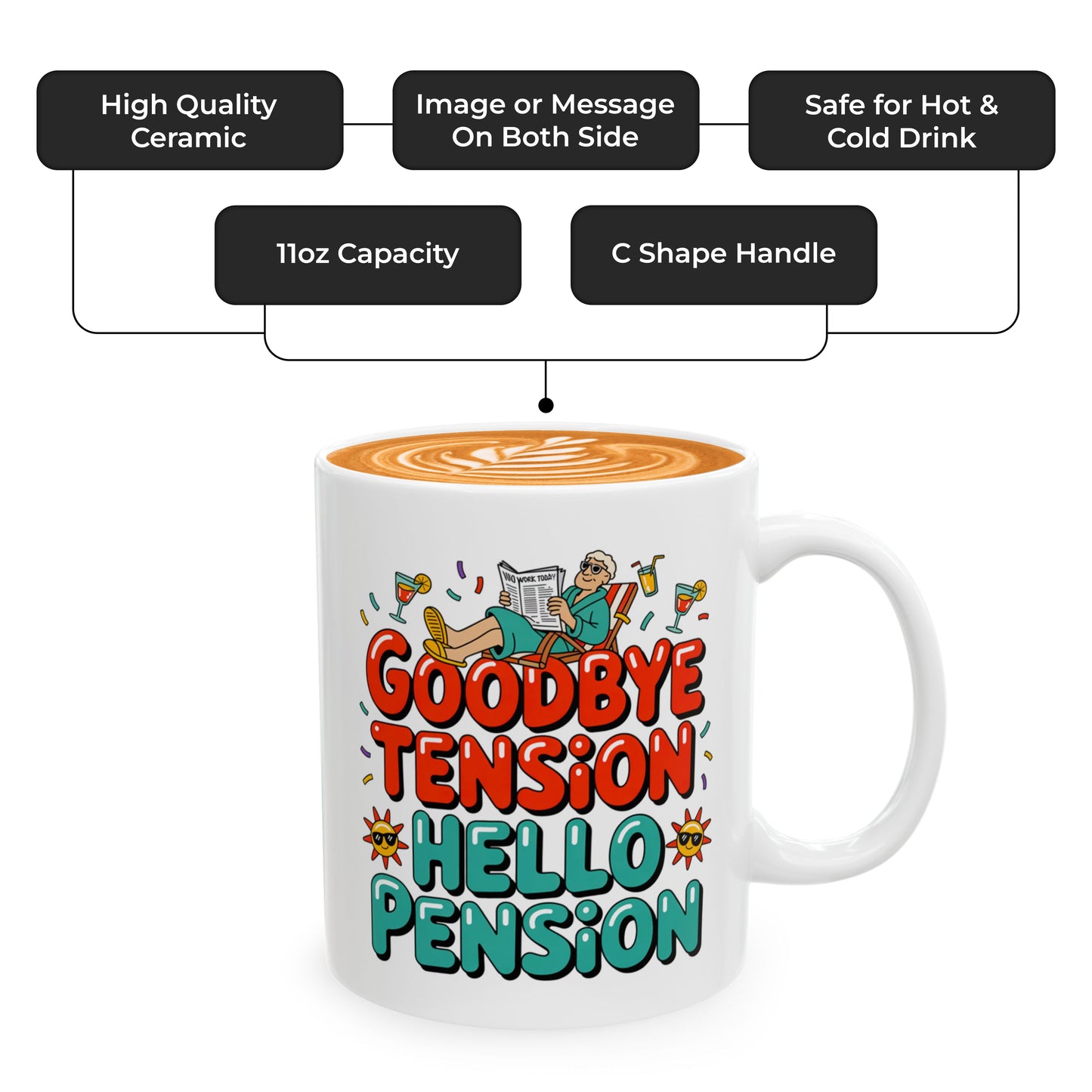 Ceramic Retirement Mug – Goodbye Tension Hello Pension – Funny Gift for Retirees