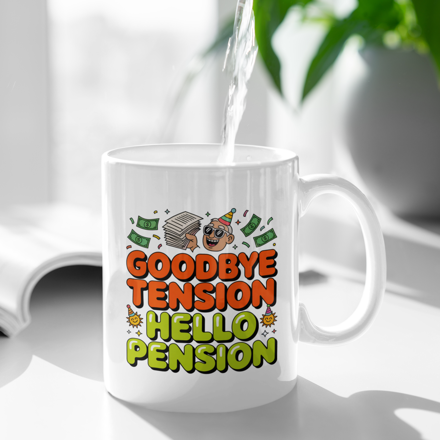 Goodbye Tension Hello Pension – Humorous Coffee Cup for Men & Women Retiring