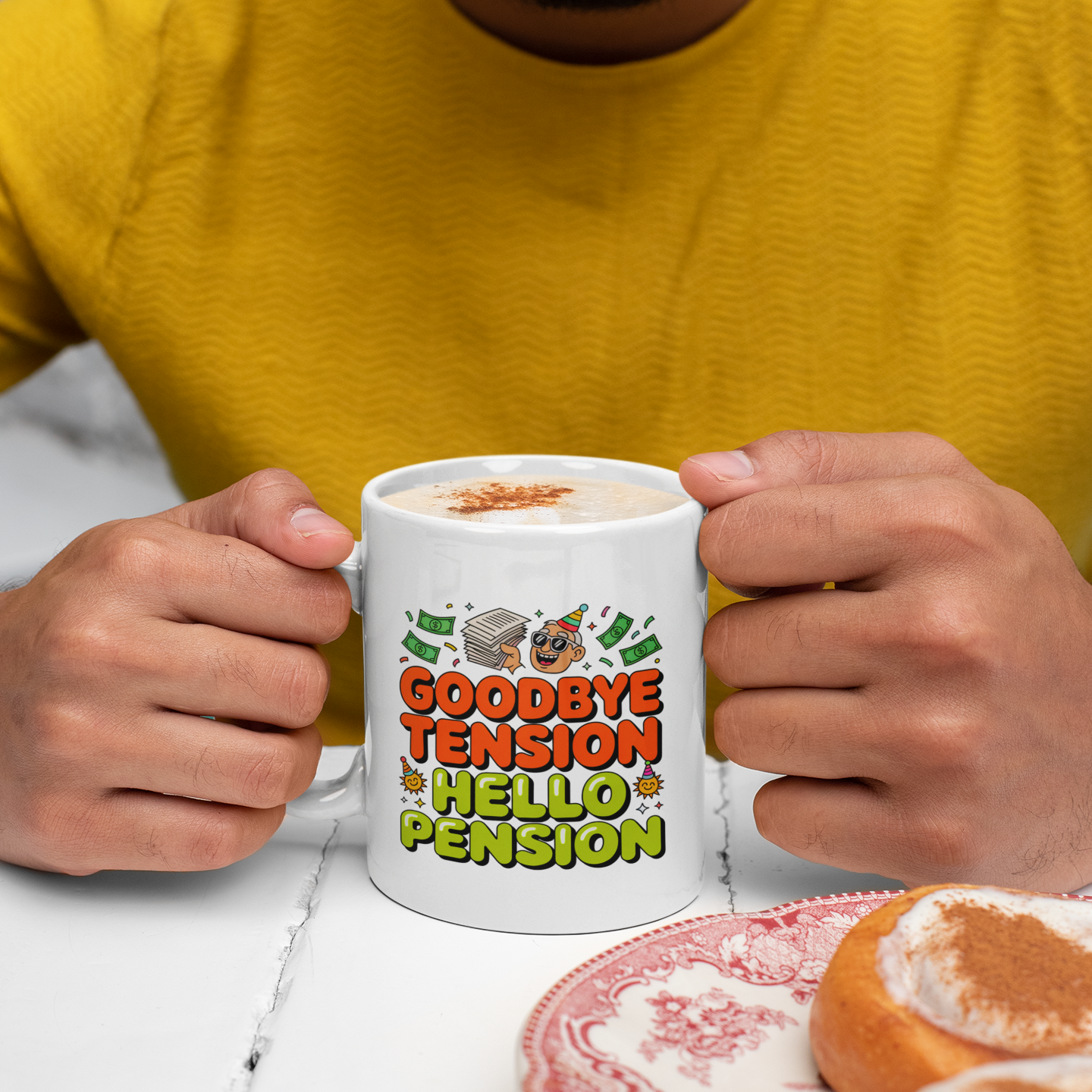 Goodbye Tension Hello Pension – Humorous Coffee Cup for Men & Women Retiring