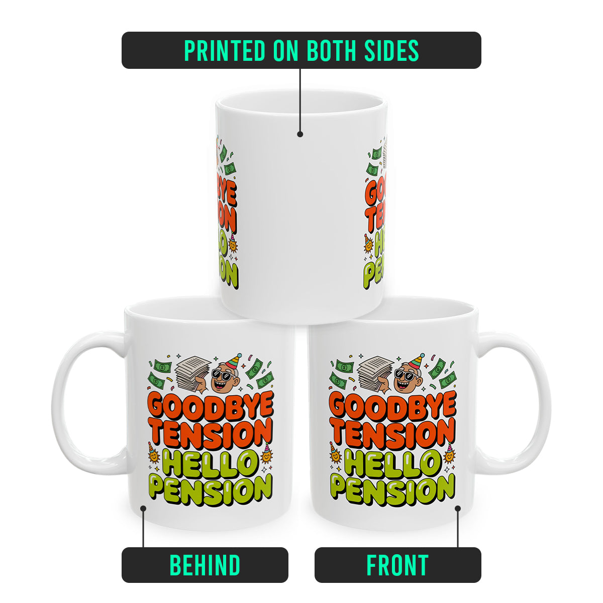 Goodbye Tension Hello Pension – Humorous Coffee Cup for Men & Women Retiring