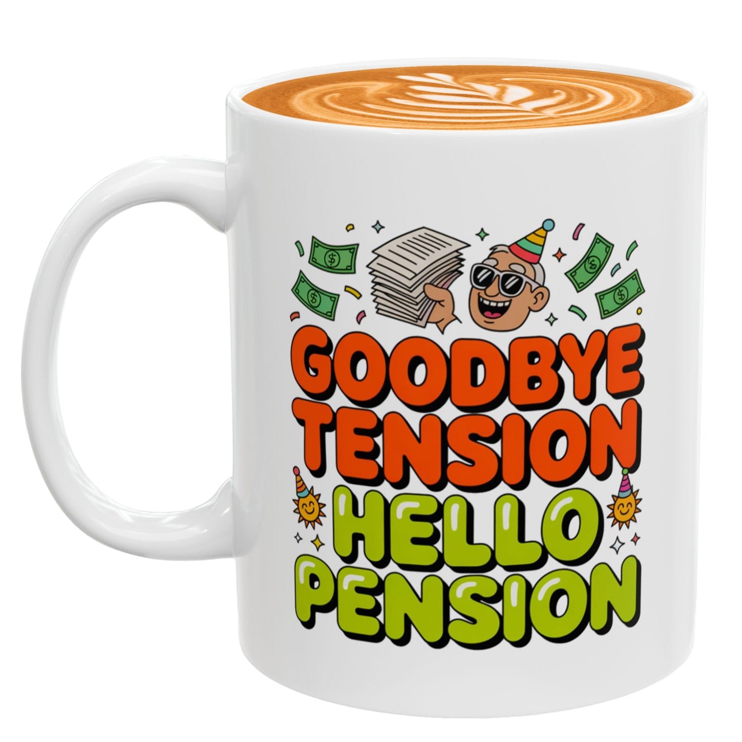 Goodbye Tension Hello Pension – Humorous Coffee Cup for Men & Women Retiring
