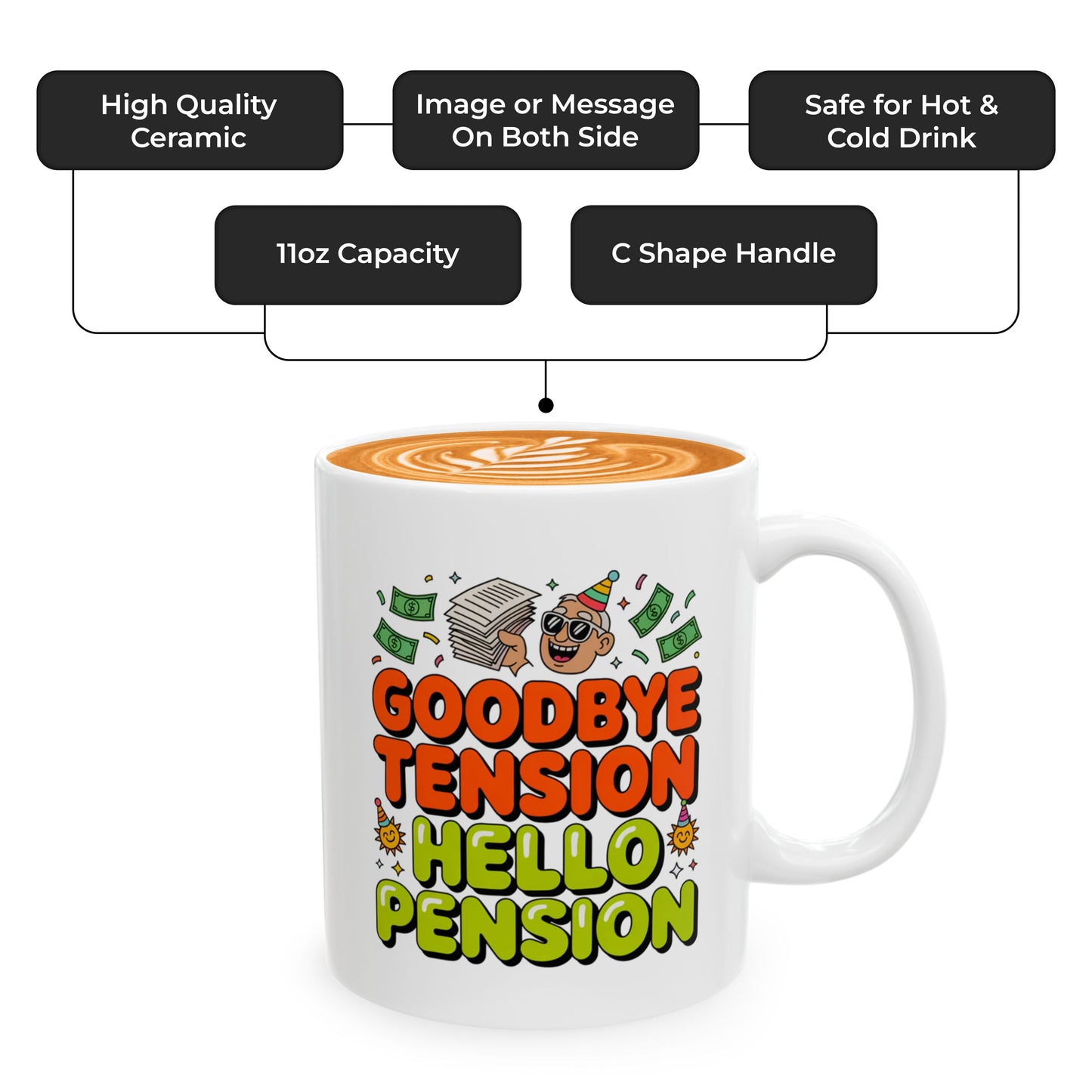 Goodbye Tension Hello Pension – Humorous Coffee Cup for Men & Women Retiring