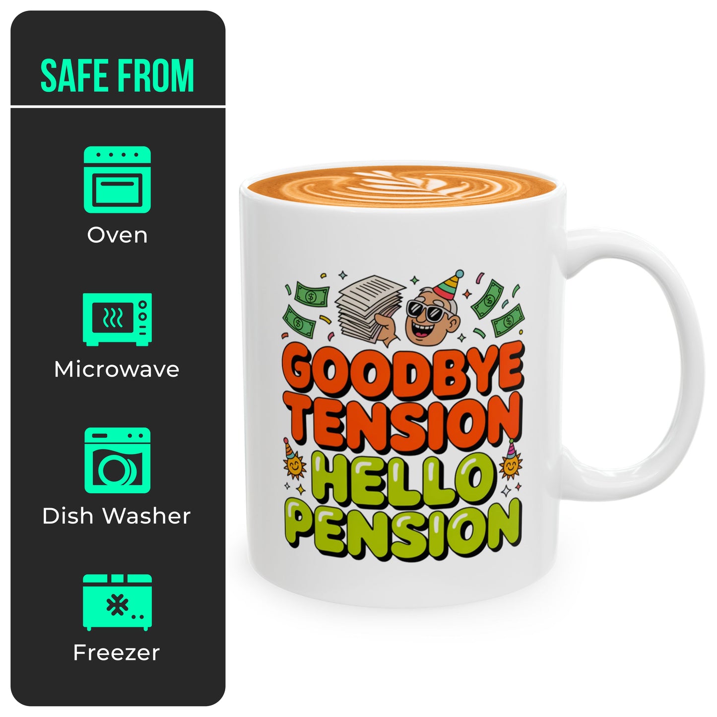 Goodbye Tension Hello Pension – Humorous Coffee Cup for Men & Women Retiring