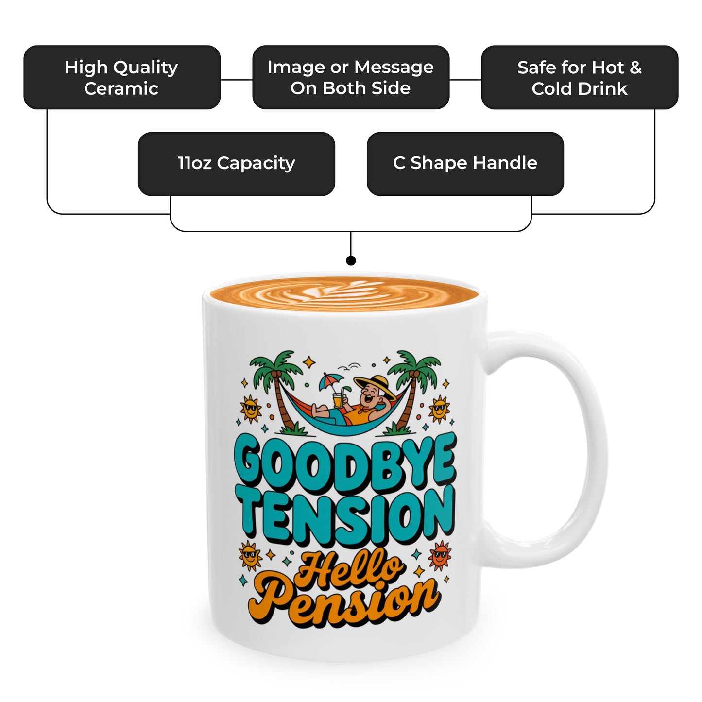 Retirement Party Mug – Goodbye Tension Hello Pension – Fun Gift for Friends & Family