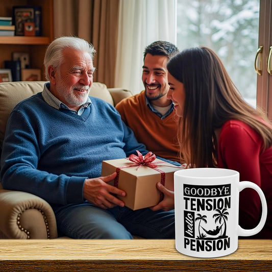 Retirement Coffee Cup – Goodbye Tension Hello Pension – Perfect for Men, Women & Colleagues