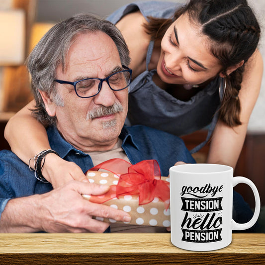 Goodbye Tension Hello Pension – Gift Mug for Retired Teachers, Police, or Office Workers