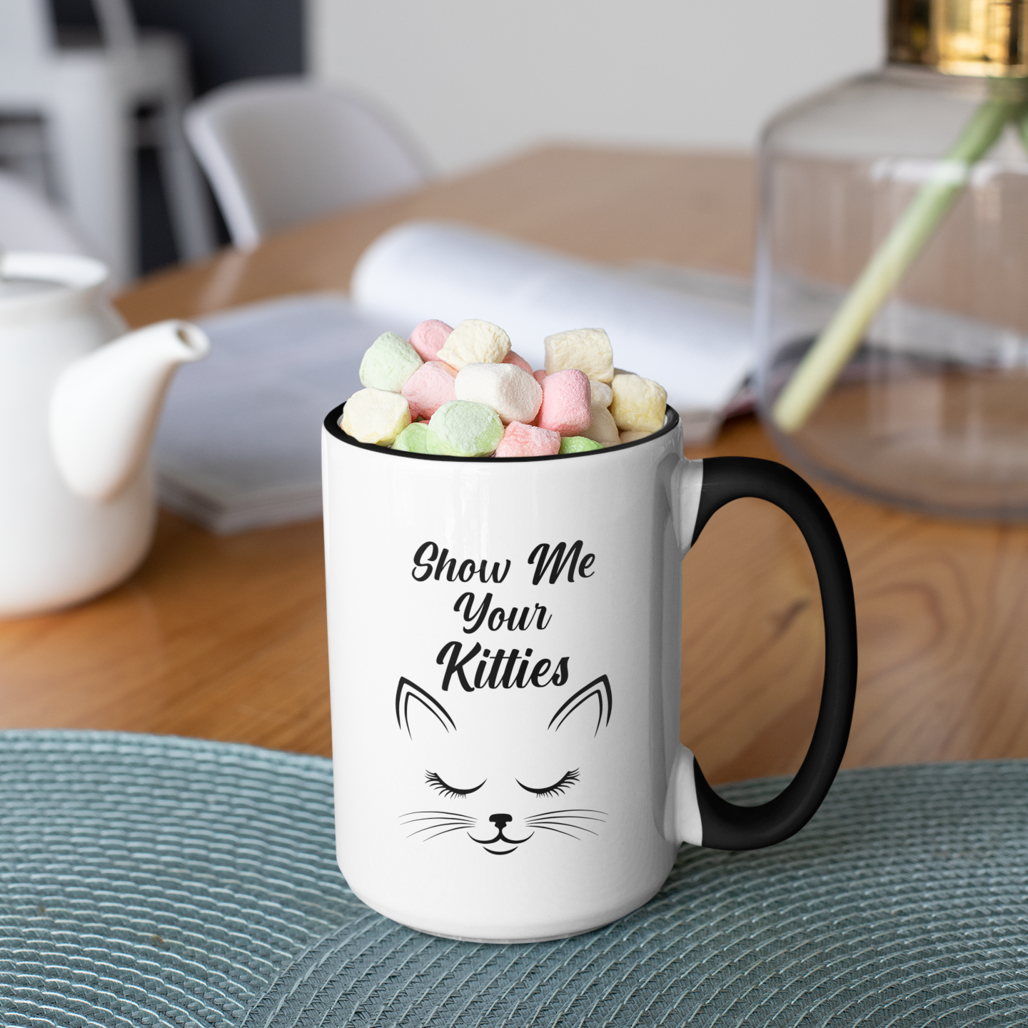 Funny Cat Mug – Show Me Your Kitties Black & White Coffee Cup