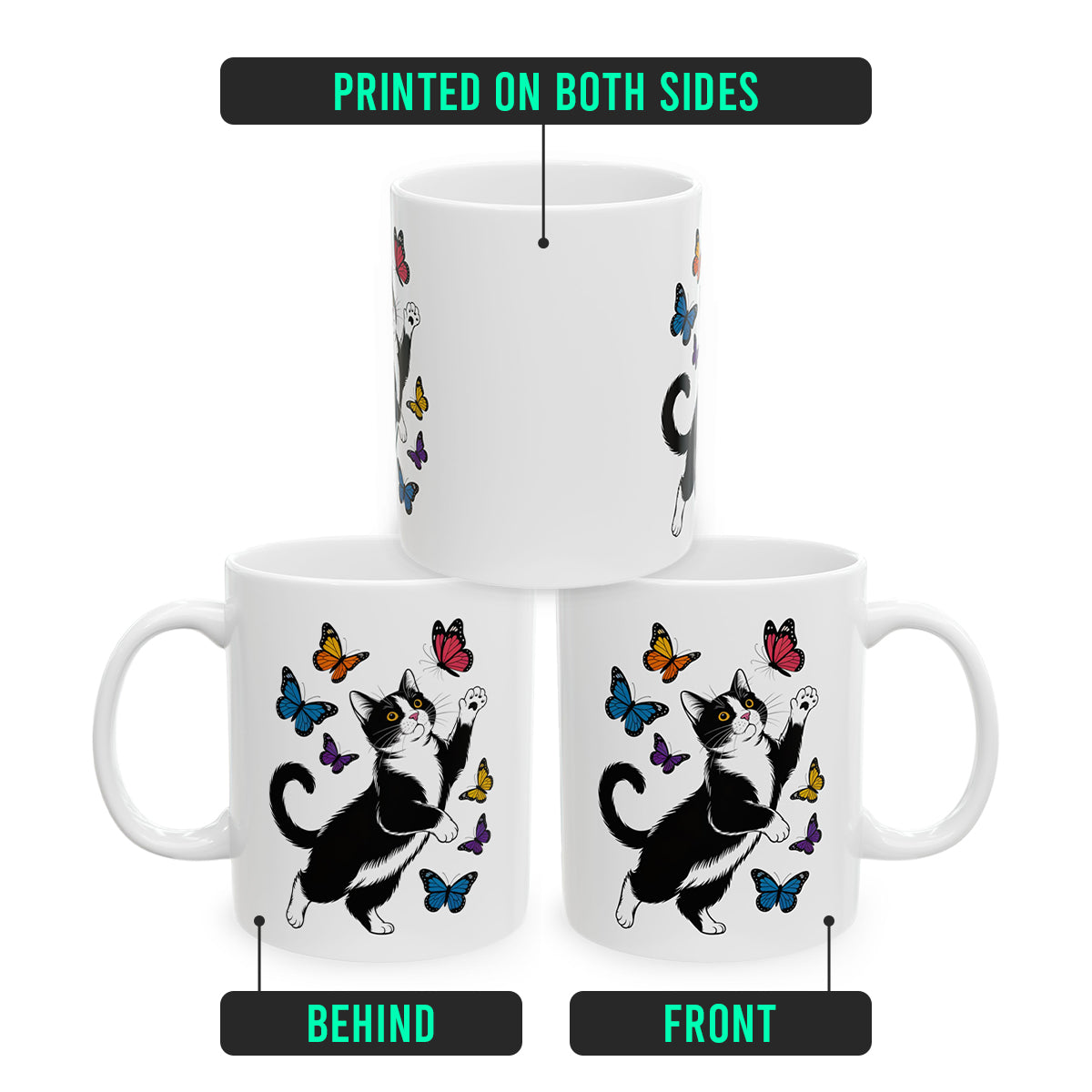 Butterfly with Tuxedo Cat Mug – Adorable Cat Lover Coffee Cup in White and Black – 11oz Ceramic Gift Mug