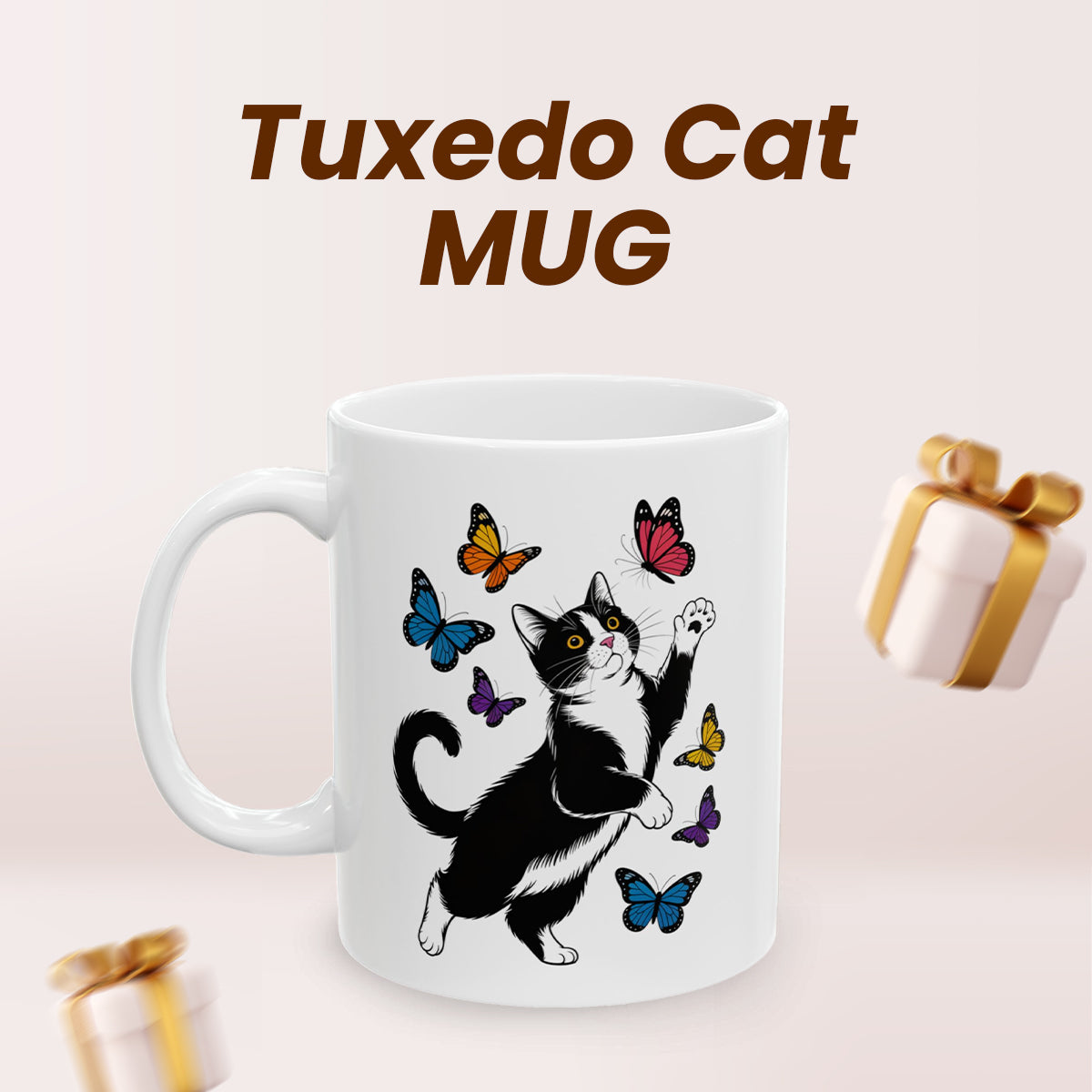 Butterfly with Tuxedo Cat Mug – Adorable Cat Lover Coffee Cup in White and Black – 11oz Ceramic Gift Mug