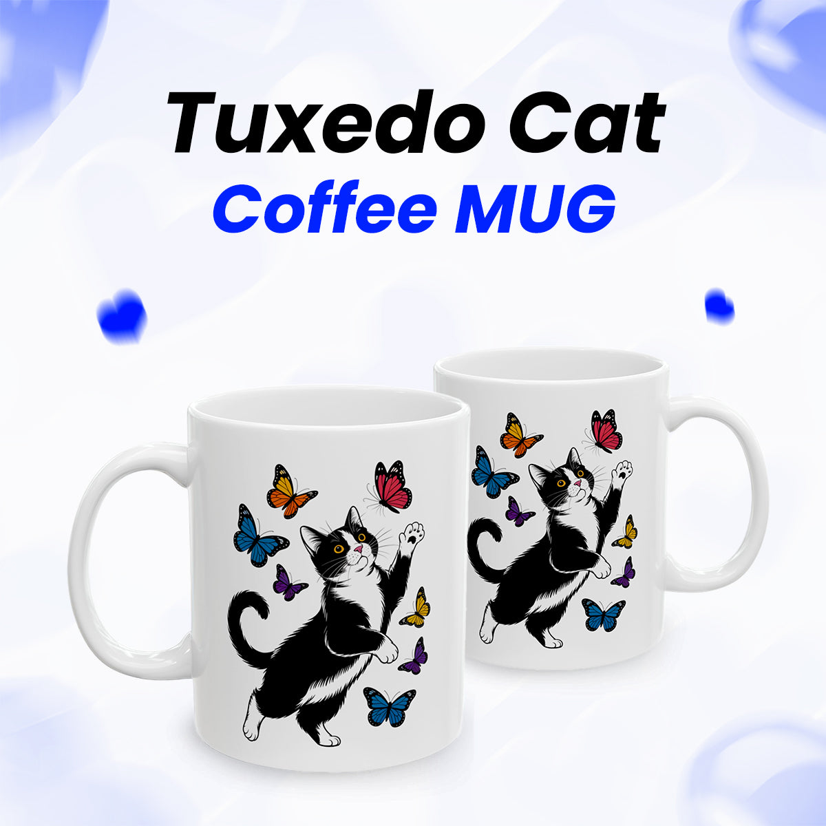 Butterfly with Tuxedo Cat Mug – Adorable Cat Lover Coffee Cup in White and Black – 11oz Ceramic Gift Mug