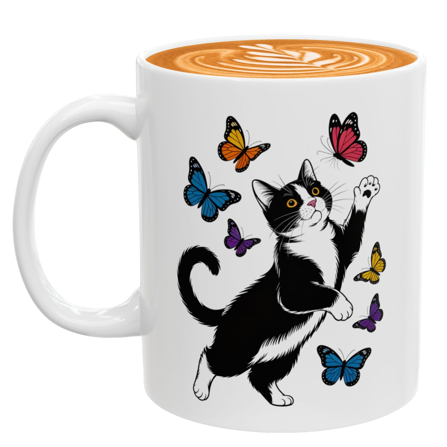 Butterfly with Tuxedo Cat Mug – Adorable Cat Lover Coffee Cup in White and Black – 11oz Ceramic Gift Mug