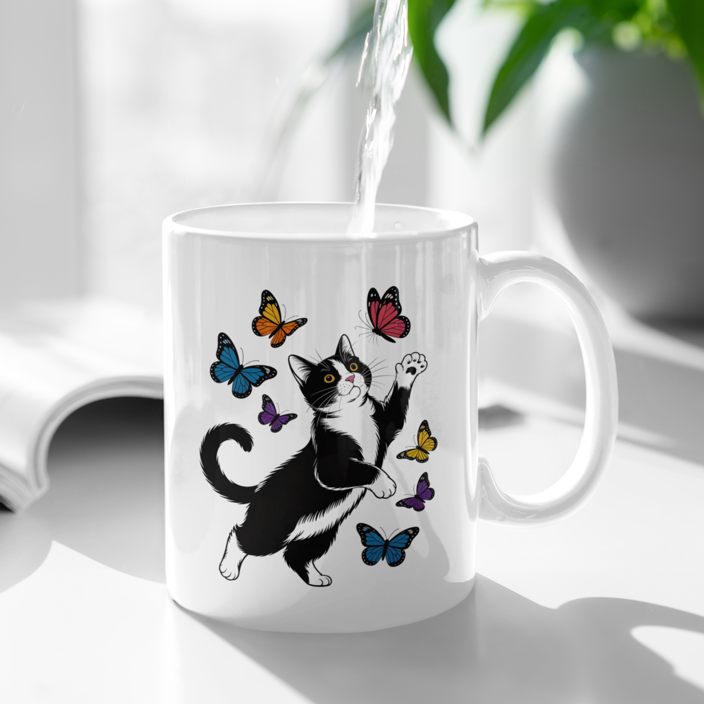 Butterfly with Tuxedo Cat Mug – Adorable Cat Lover Coffee Cup in White and Black – 11oz Ceramic Gift Mug