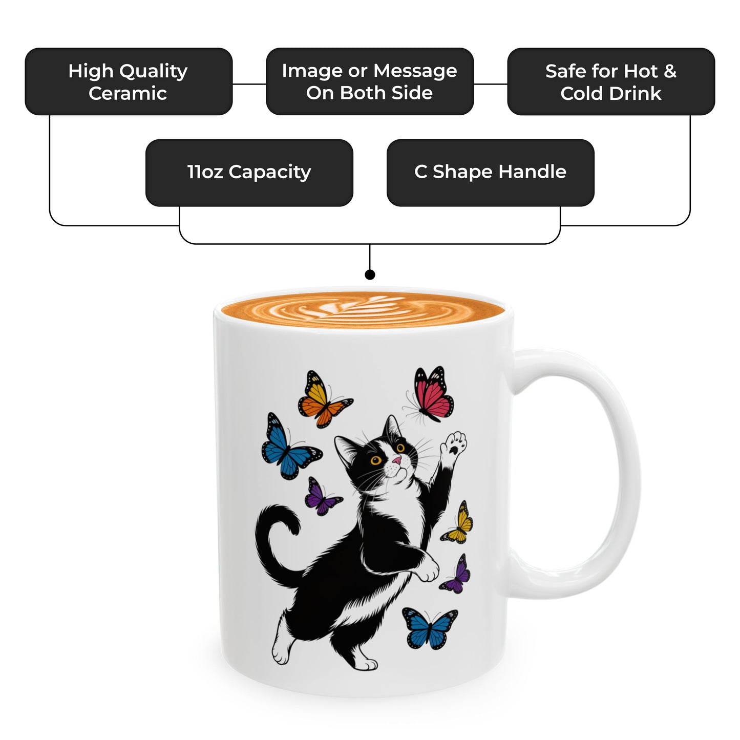 Butterfly with Tuxedo Cat Mug – Adorable Cat Lover Coffee Cup in White and Black – 11oz Ceramic Gift Mug