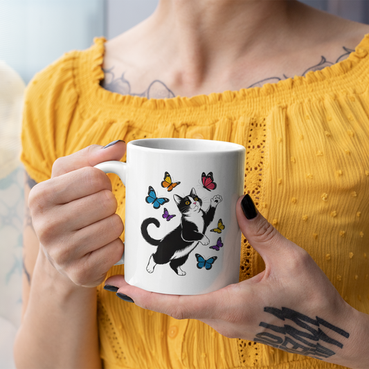 Butterfly with Tuxedo Cat Mug – Adorable Cat Lover Coffee Cup in White and Black – 11oz Ceramic Gift Mug